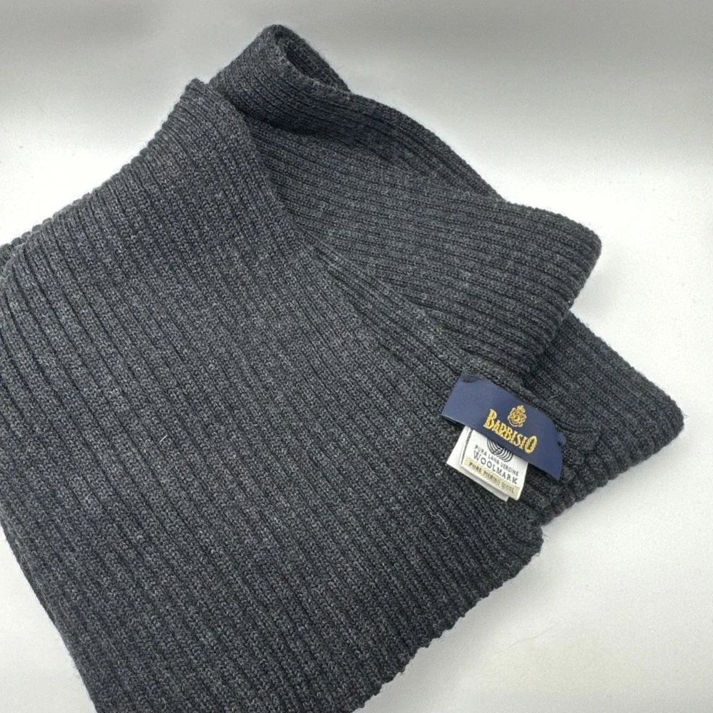 Barbisio Pure Merino Wool Gray Rib Knit Scarf Italy Woolmark Unisex Soft